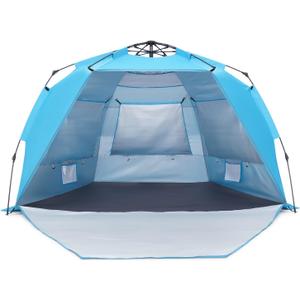 Pop Up Beach Tent, Portable Beach Folding Sun Shade Shelter, UPF 50+ Protection, Easy Setup and Carry, Double Silver Coating with 3 Ventilation Window, Large Size Perfect for Family 4 People