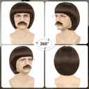 Dark Brown Bowl Cut Wig + Glasses + Mustache + Wig Cap for Men 60s 70s Retro Mushroom Wig With Bangs Unisex Funny Crazy Wigs for Daily Halloween Costume Cosplay Party