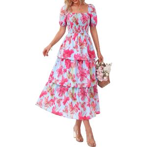 BTFBM Womens Square Neck Smocked Dress Summer Puff Short Sleeve Floral Casual Ruffle Tiered Maxi Wedding Guest Dresses (Floral Light Blue Pink)
