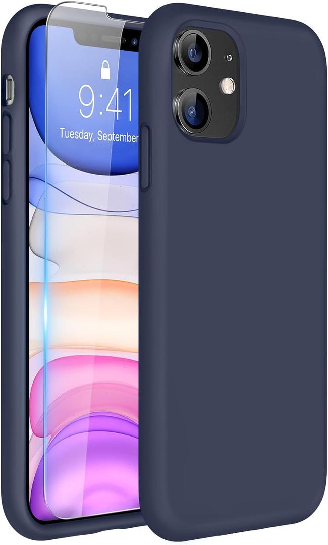 Miracase Designed for iPhone 11 Phone Case, with Screen Protector, Liquid Silicone Gel Rubber Full Body Drop Protection Shockproof Cover Phone Case for iPhone 11 6.1 inch, Navy Blue