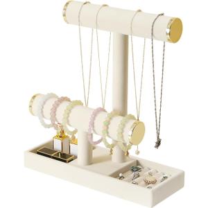 Jewelry Holder Stand,2 Tier Necklace Bracelet Organizer with Tray,Jewelry Displays for Selling Bangles Scrunchie Hair ties Watches and Chains (Beige)