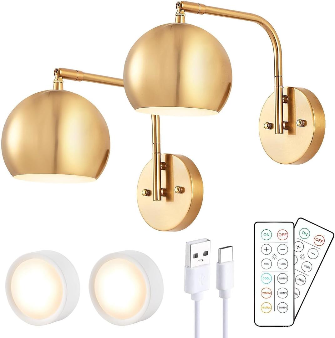 Rechargeable Battery Operated Wall Sconce Set of Two, Remote Control Wall Sconces Battery Operated, Wireless Rechargeable Wall Sconce, Brushed Gold Battery Wall Sconce for Bedroom (Gold-Recharge)