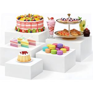 Sintuff 5 Pcs Buffet Risers and Display Stand 6" 7" 8" 9" 10" Large Acrylic Dessert Cupcake Table Stand Set White Food Display Cube for Jewelry Figures Show Decor, Box Nesting Riser with Hollow Bottom