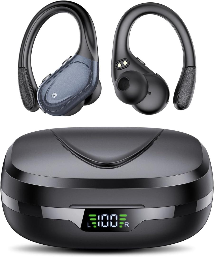 Ear buds Wireless Earbuds Bluetooth 5.3 Headphones 60hrs Playtime with Digital Display Sports Wireless Headphones with Earhook Deep Bass IPX7 Waterproof Over-Ear Earbuds for Android iOS Workout Black