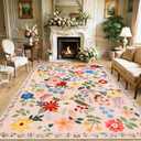 Area Rug 9x12 Living Room: Floral Washable Boho Soft Carpet Beige