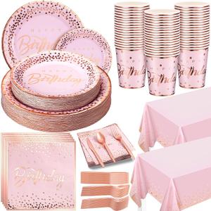 352 Pcs Pink and Rose Gold Birthday Party Supplies Severs 50 Guests Paper Plates Cups Napkins, Plastic Tablecloths Forks Knives Spoons Pink Disposable Dinnerware Set for Baby Shower Birthday Wedding