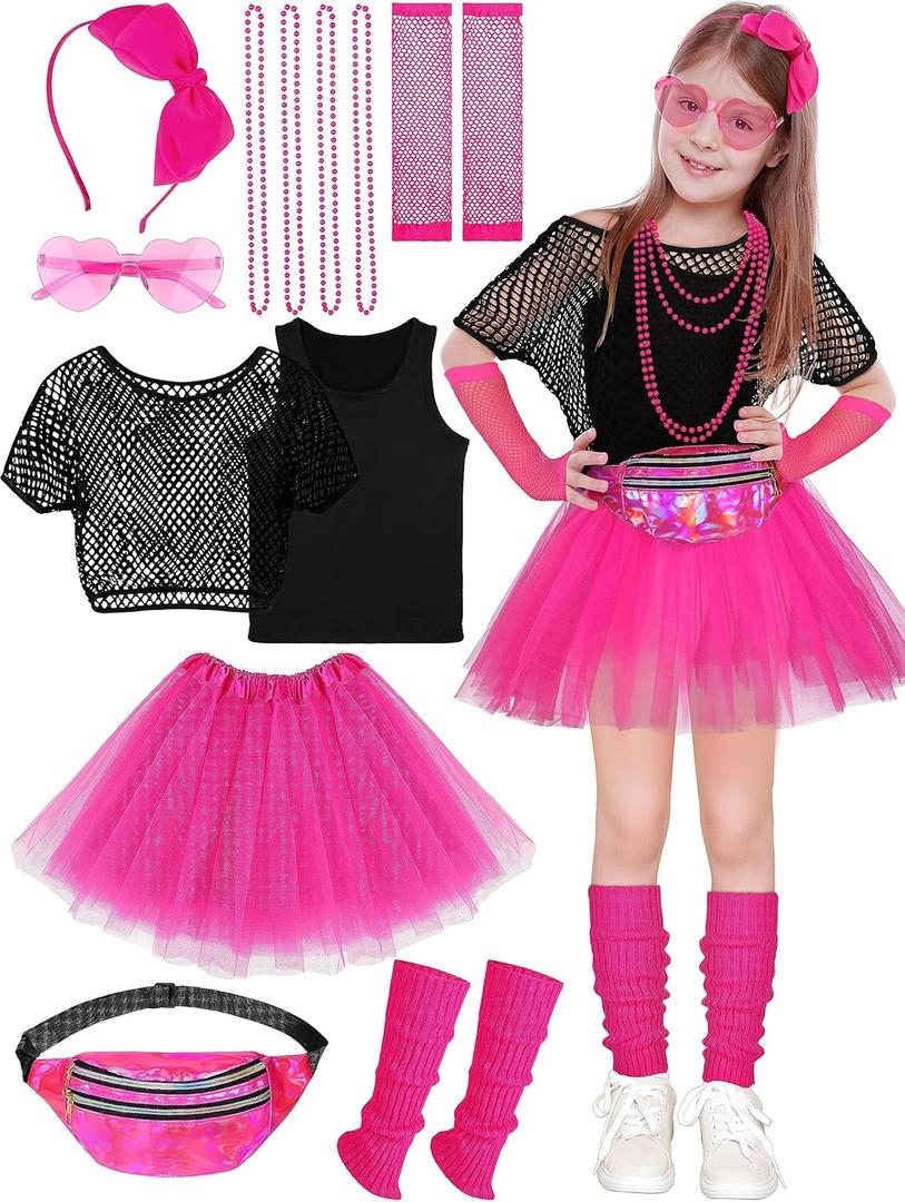 AOTHSO 14 Pieces Girls 80s Outfit Accessories Set Halloween Girls 80s Clothes Costume for Cosplay 1980s Party for Kids (X-Large, Hot Pink)