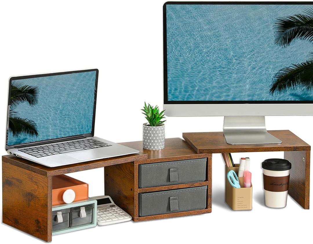 TEAMIX Dual Monitor Stand Riser with 2 Drawers - Length and Angle Adjustable 3 Shelf Monitor Riser with Storage Desk Organizer Large Monitor Stand for 2 Monitors/Laptop/PC,Screen/TV Stand Riser (Brown)