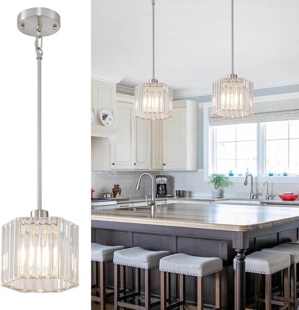 XSDeTu Brushed Nickel Pendant Light Fixtures, Modern Crystal Hanging Ceiling Light, 1-Light Mini Farmhouse Chandelier, Adjustable Hexagonal Island Lights for Kitchen, Dining Room, Bedroom, 2 Pcs