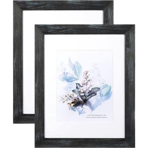 KAIWIN 100% Solid Wood Black 11x14 Picture Frame 2 Pack Display Picture 8x10 with Mat, Rustic Wooden Photo Frames for Wall Mounting