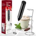 HealSmart Milk Frother Handheld, Battery Operated Whisk Maker with Stainless Steel Stand Hand Drink Mixer for Coffee, Lattes, Cappuccino, Matcha, Black