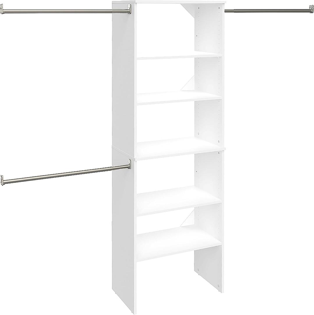 ClosetMaid SuiteSymphony Wood Closet Organizer Starter Kit Tower and 3 Hang Rods, Shelves, Adjustable, Fits Spaces 5  10 ft. Wide, Pure White, 25"