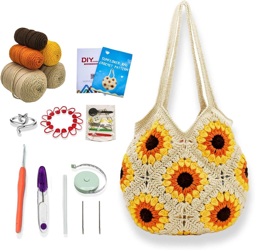 Anbaagsky Crochet kit for Beginners Sunflower Tote Bag Granny Square Crochet Tote Bag with Step-by-Step Video Tutorials Knitting Kit Beginner Crochet Kit for Adults