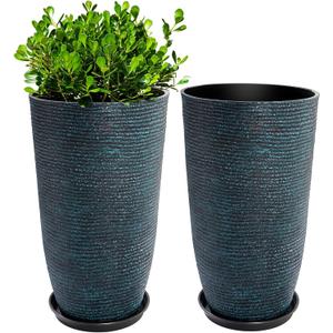 QCQHDU Set of 2 Large Tall Blue Planters with Saucer - 9 Gallon 12" Diameter x 21" H Faux Stone Round Pots for Indoor Plants, Outdoor Patio & Porch Decor, Heavy Duty Weatherproof Plant Containers