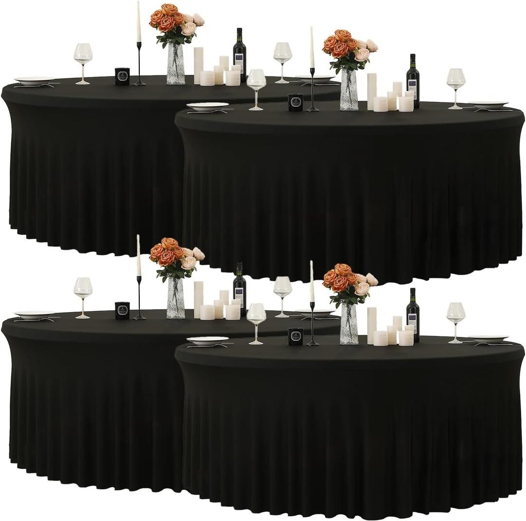 4 Pack 132 Inch Black Round Tablecloth, Fitted Tablecloths for 6FT Round Tables, Spandex Table Cover with Table Skirt for Wedding Photography Party Professional Events Halloween Decoration Indoor