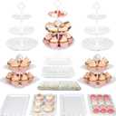 Pack of 10 NWK Cake Stand Set, with 3 x Two-Tier and 3 x Three-Tier Cupcake Stands, 4 x Appetizer Trays, 1 x Tablecloth for Birthday Bridal Baby Shower Party (White)