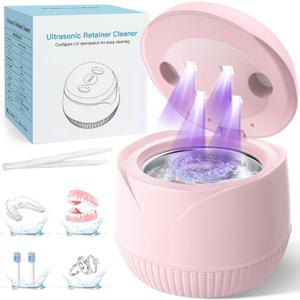 Dental Ultrasonic Retainer Cleaner Machine: 45kHz Dental Cleaning Pod with Digital Timer & 200ML, Cleaning for Dentures, Mouth Guards, Aligners, Night Guards, Braces, Toothbrush Heads & Jewelry, Pink