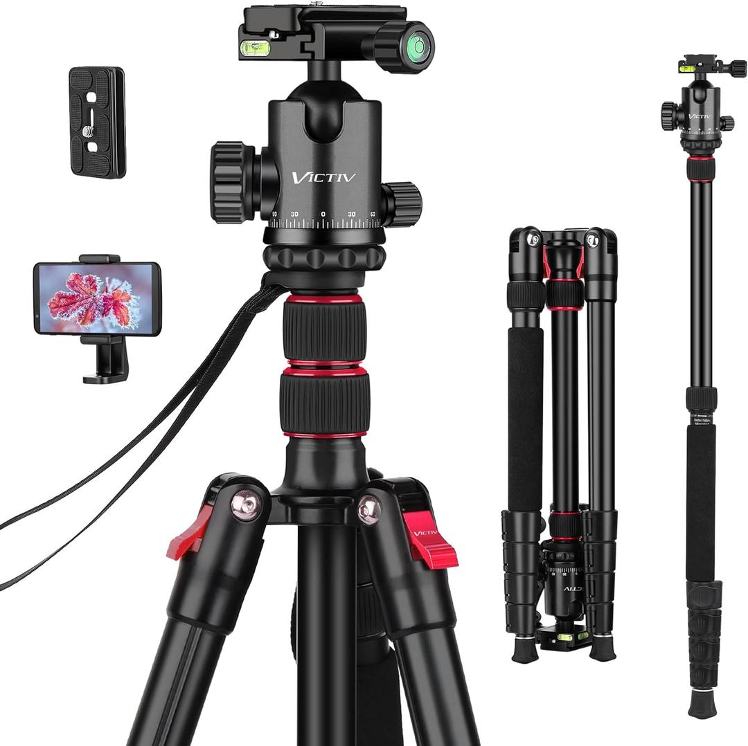 Professional Tripod for Camera, Victiv 81 inch Aluminium Compact Travel Camera Tripod Monopod Heavy Duty with Phone Mount, Compatible with Canon Nikon Sony (Black)