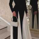 Kwunbwa Wedding Guest Dresses for Women Elegant Long Sleeve Patchwork Pleated Swing Long Dress Formal Maxi Dress (Black, L)