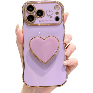 Compatible with Cute iPhone 17 Pro Max case 6.9'', Purple Wave Frame Shape Phone Case with Love-Heart Kickstand Raised Camera Protection Luxury Plating Shockproof TPU Protective Cover for Women Girls