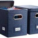 PRANDOM File Organizer Box - Set of 2 Collapsible Decorative Linen Filing Storage Hanging File Folders with Lids Office Cabinet Letter Size Navy Blue (14x9.3x10.8 inch)