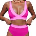 Hilinker Women's Leopard Bikini Swimsuits V Neck High Waisted 2 Piece Bathing Suits (Pink Colorblock, S)