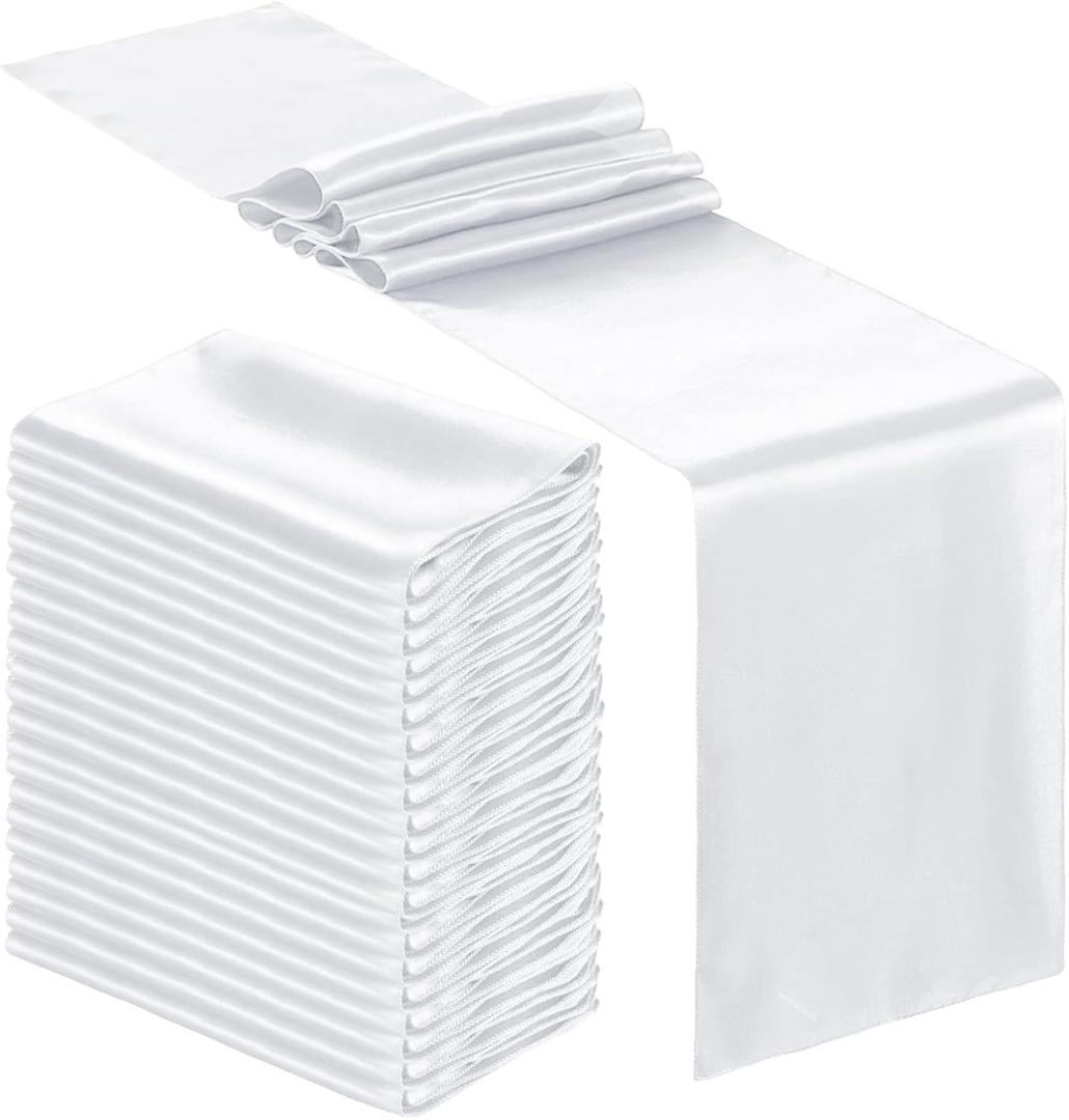 Bencailor 24 Pcs White Satin Table Runner Bulk 12 x 108 Inches Long Table Runners Bright Smooth Fabric Tablecloth for Wedding Banquet Birthday Spring Graduation Party Decorations