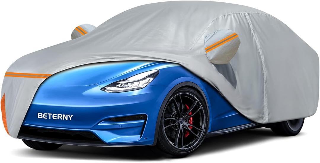 Car Cover for 2020-2026 Tesla Model Y, Waterproof Custom-fit All Weather Sun Rain UV Dust Snow Protection Windproof Outdoor Model Y Full Car Cover with Door Zipper and Cotton Lining-Grey