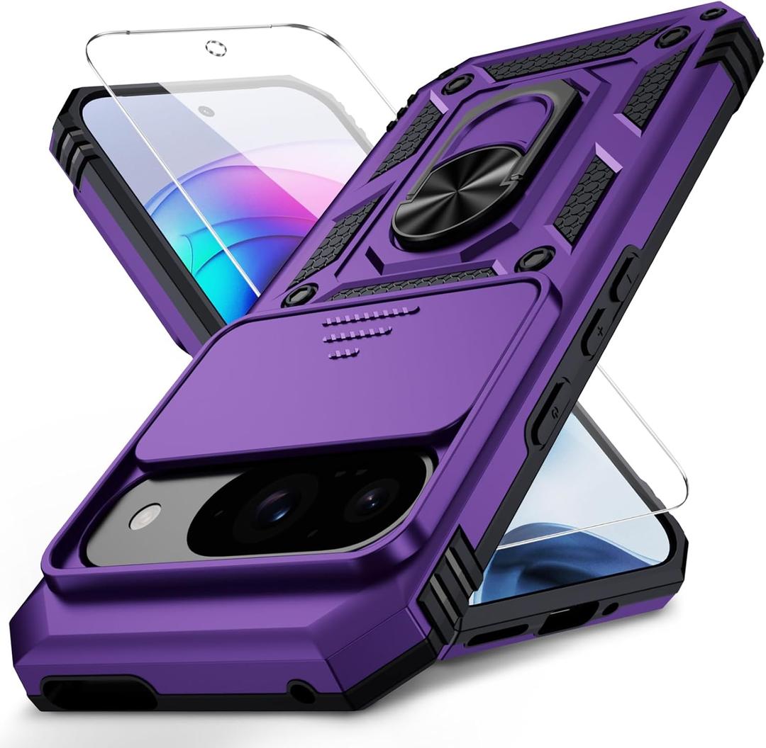 Vinve for Google Pixel 9 Case, Pixel 9 Pro Case, Slide Lens Cover, HD Screen Protector, Military Grade Drop Protection, Magnetic Rotated Ring Holder Kickstand Protective Phone Case (Deep Purple)