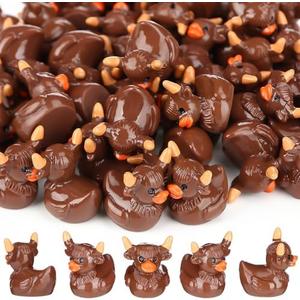 Geelin 50 Pcs Mini Highland Cow Resin Ducks Bulk Cute Highland Cow Print Duck Decorations for Micro Landscape Office Garden Desk Party Tabletop Decor