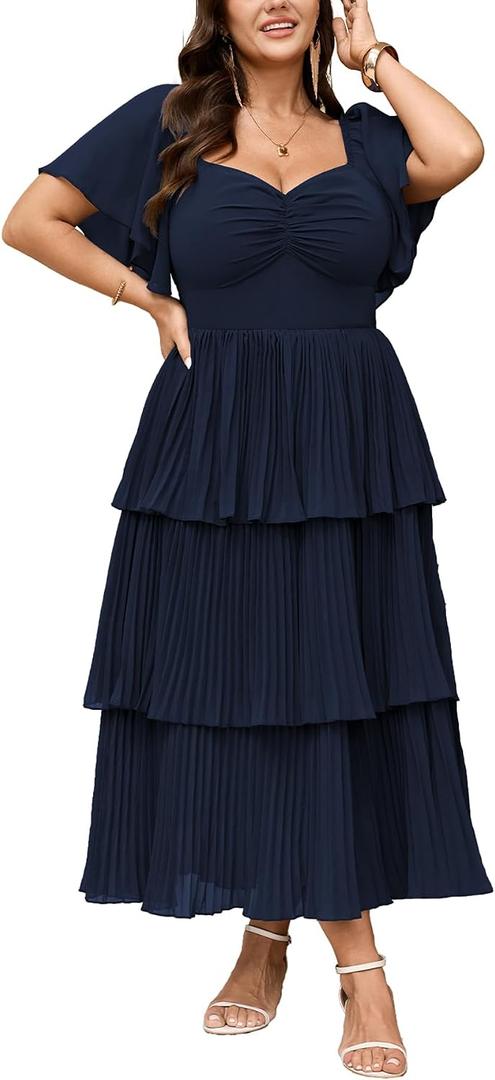 SCOMCHIC Women's Plus Size Formal Wedding Guest Evening Party Dress Short Sleeve Pleated Tiered Chiffon Bridesmaid Dresses XL