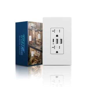 TOPELER Wall Outlet with 3 USB Port, 6.0A High Speed Charging Capability, Child Proof Safety Receptacle, 20 Amp TR Wall Socket with USB-C Port, Screwless Plate Include, UL & FCC Listed