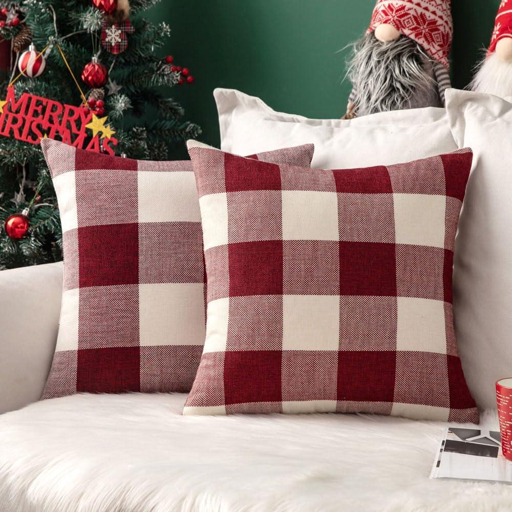 MIULEE Pack of 2 Christmas Farmhouse Checkers Buffalo Plaids Polyester Linen Soft Soild Square Porch Throw Pillow Covers Home Decor Cushion Case for Sofa Bedroom Outdoor 20 x 20 Inch Red and White