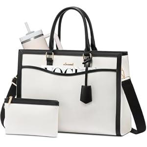 LOVEVOOK Laptop Tote Bag for Women, 15.6 inch Lightweight Canvas Office Work Bag Briefcase, Large Capacity Teacher Computer Bag Handbag for Travel Business, 2pcs Set Canvas/ White-Black