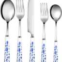 10 Pcs Chinoiserie Silverware Set Blue and White Porcelain Silverware Christmas Gift Stainless Steel Utensils Set with Ceramic Handle Includes Knives Forks Spoon High Tea Gift for Wedding