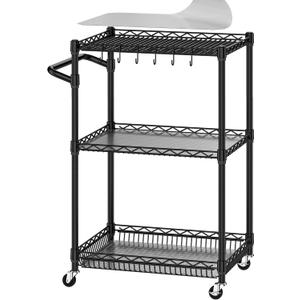 3 Tier Rolling Cart with Wheels, Metal Utility Cart for Storage Heavy Duty Wire Trolley for Kitchen Serving Grocery Food with 3 Shelf Liners 6 Hooks, 18 x 23.8 x 37 Inches, Black