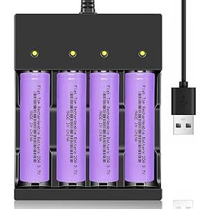 4 Pack 18650 Rechargeable Battery Flat Top 3000mAh W￵i￵th Charger, 3.7V Lithium Batteries Universal 4 Bay Charger for Vehicles Toys Headlamps Flashlight