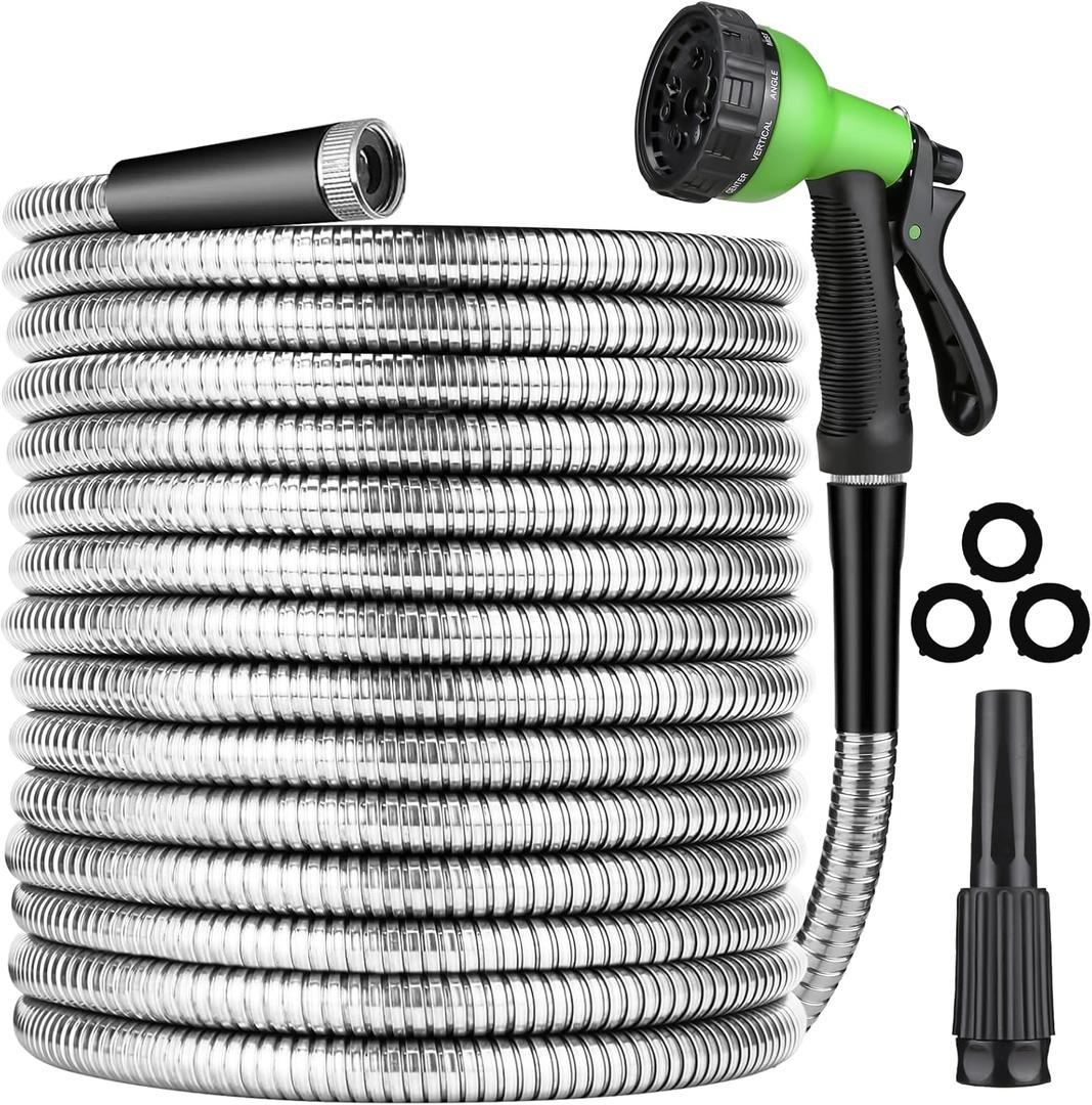 50FT Stainless Steel Garden Hose, Water Hose with 10 Function Sprayer Nozzle & Adjustable Nozzle, Garden Hose Rust Proof Kink Free & Tangle Free Flexible for Lawn, Car, RV, and Outdoor Watering