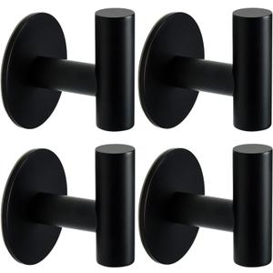 Self Adhesive Towel Hook Matte Black Coat Hook Brushed Nickel SUS304 Stainless Steel Heavy Duty Waterproof Towel Robe Clothes Hook Holder for Bathroom Kitchen Office Hotel Pool Wall Mounted Hook-4Pack