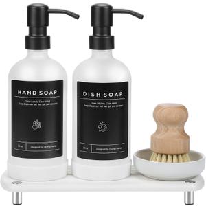 [Luxury] Kitchen Soap Dispenser Set - 16OZ White Glass Bottle, Stainless Steel Pump, Instant Dry Tray, Waterproof Labels, Non-Slip Silicone Pad, and Dish Brush | Upgrade for Your Kitchen and Bathroom