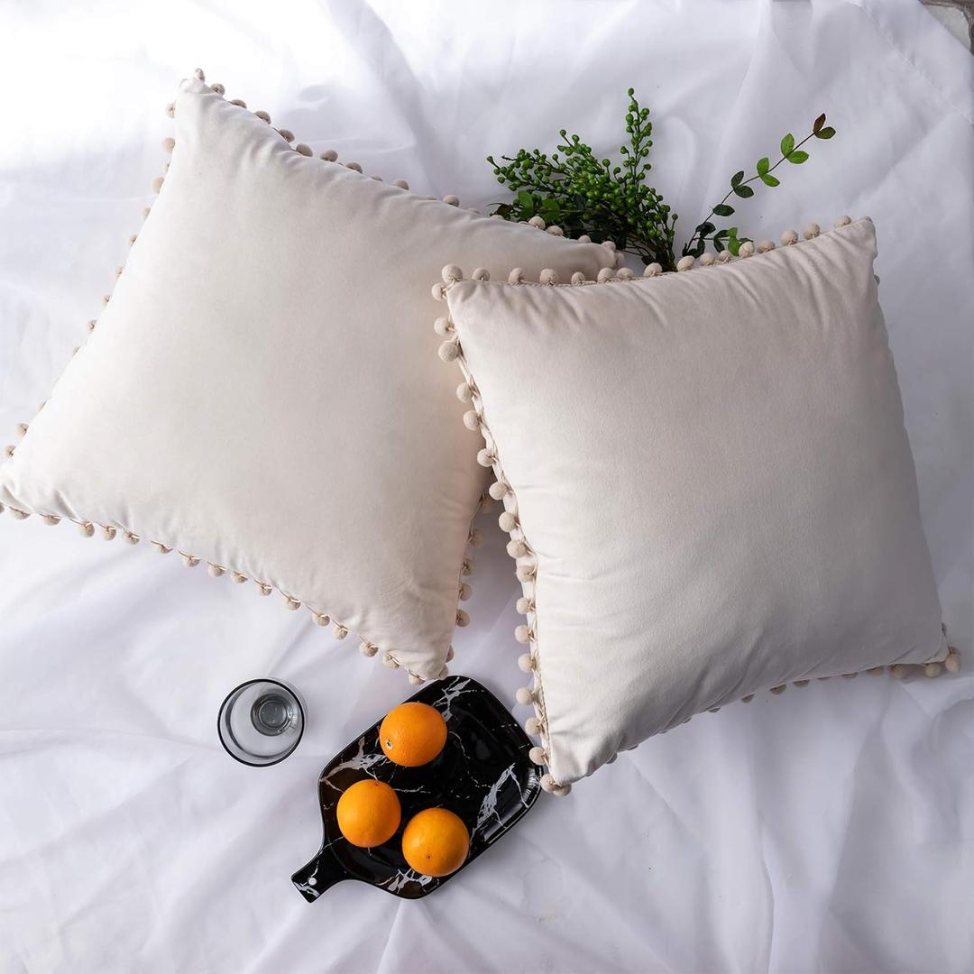 Decorative Throw Pillow Covers with Pom-poms Soft Velvet Solid Cushion Covers 20 X 20 for Sofa Couch Bedroom Car, Pack of 2, Ivory