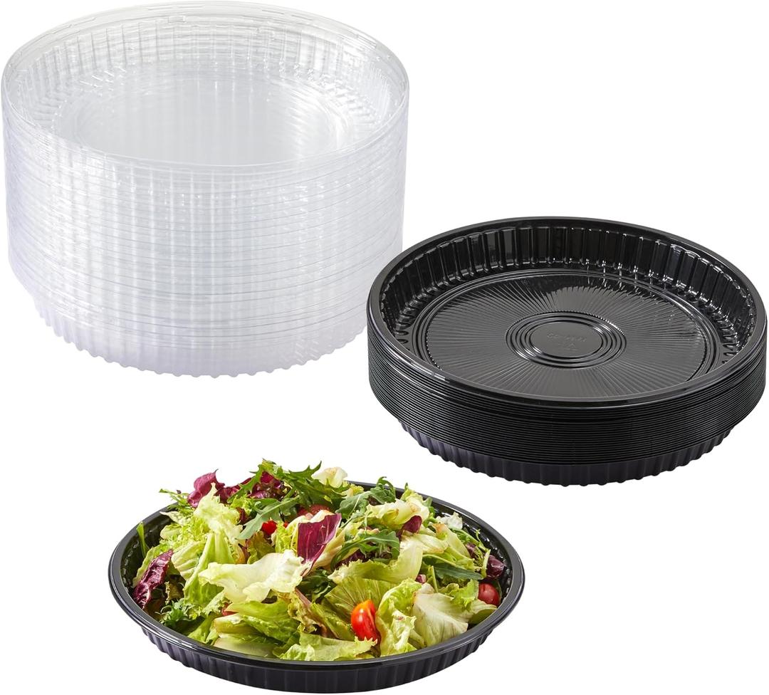 100PCS Disposable Round Sushi Trays with Transparent Lids Black Plastic Platter Catering Sushi Box (11 Inch)