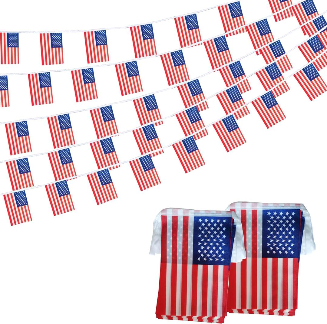USA American String Flag Pennant Banner, Small Mini USA American Bunting Banner National Country Decoration for School, Party, Patriotic Festival, 66 Feet 60 Flags