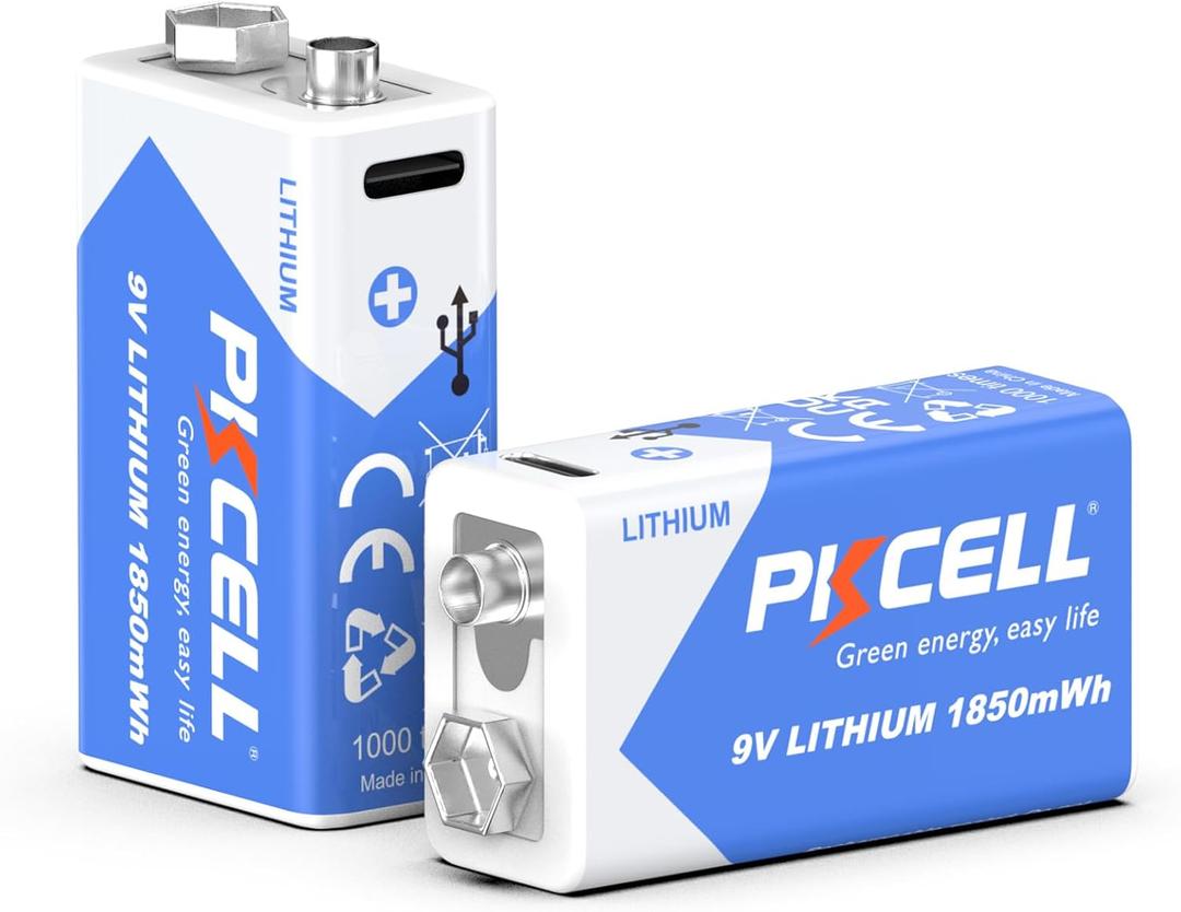 PKCELL USB Rechargeable 9V Batteries, 2 Count 500mAh 9 Volt Lithium Battery with 2 in 1 Charge Cable for Smoke Alarms, Microphones, Walkie-Talkie, Toys