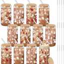 12 Pcs Christmas Glass Cups 16 oz Drinking Glasses with Bamboo Lids and Straws Christmas Iced Coffee Cup Drinkware Santa Snowflake Tumbler Holiday Mugs Xmas Gift for Women Mom (Stylish Style)