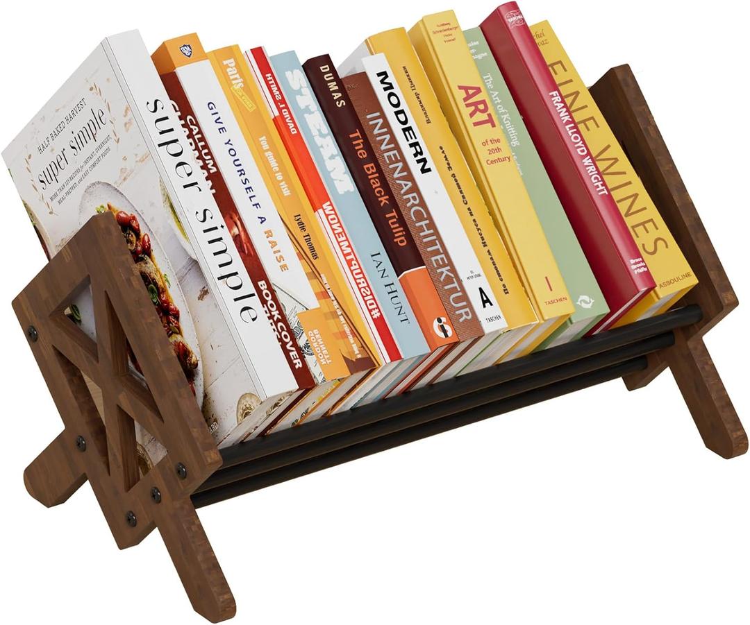 Desktop Bookshelf Organizer, Wood Office Tabletop Book Storage Rack, Tilting Bookcase for Books/CDs/Magazine Display (Black)
