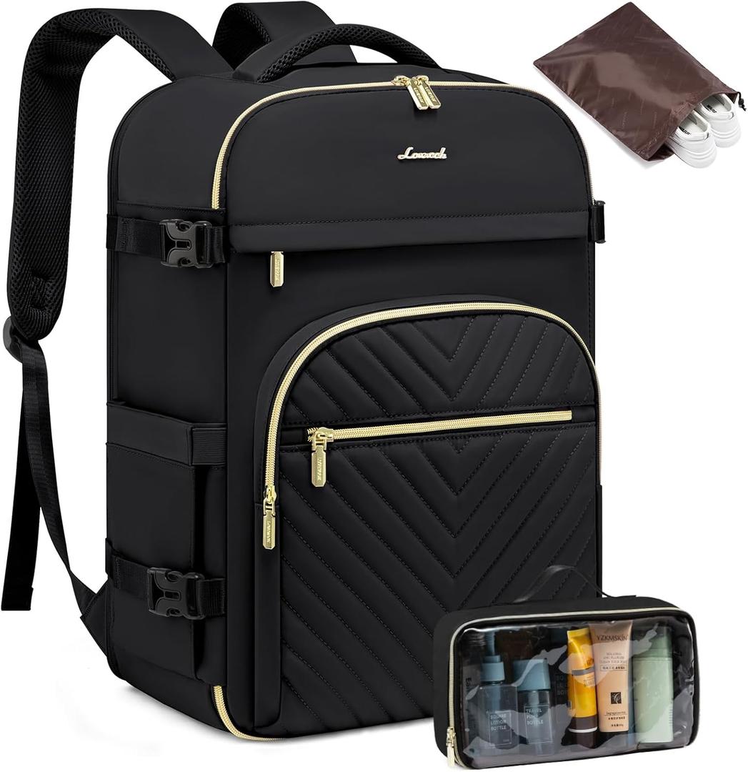 LOVEVOOK Carry On Travel Backpack for Women, TSA Personal Item Travel Bag for Airplanes, Waterproof Carry on Bag Flight Approved 35L Daypack with 2 Packing Cubes, Fits 15.6" Laptop, Black (35L(3pcs), Black(3pcs))