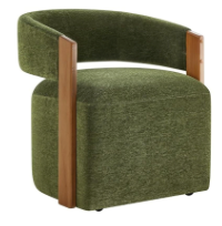 Upholstered Dining Chairs with Casters Modern Barrel Side Armchair with Rollers & Wooden Armrest for Diningroom Bedroom Livingroom Reading Room, Green, 1PCS