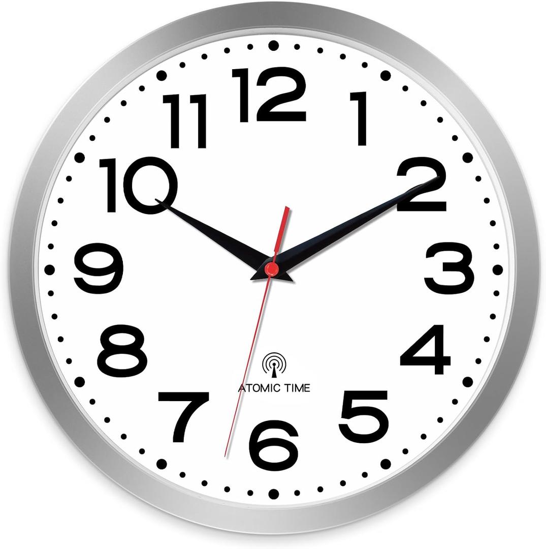 Roymnie Atomic Wall Clock 10 Inch, Modern Clock Battery Operated Classic Analog Decorative for Kitchen, Living Room, Office, Bedroom, Bathroom (Silver)