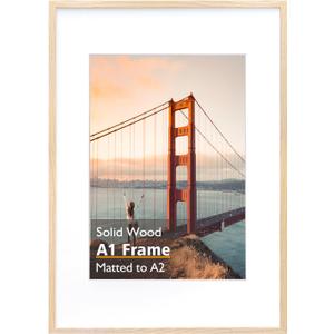 KINLINK A1 Picture Frame, Natural Solid Wood Frame with Acrylic Plexiglass for Pictures A2 with Mat or A1 without Mat, Wall Mounting Display Photo Frame 1 Pack